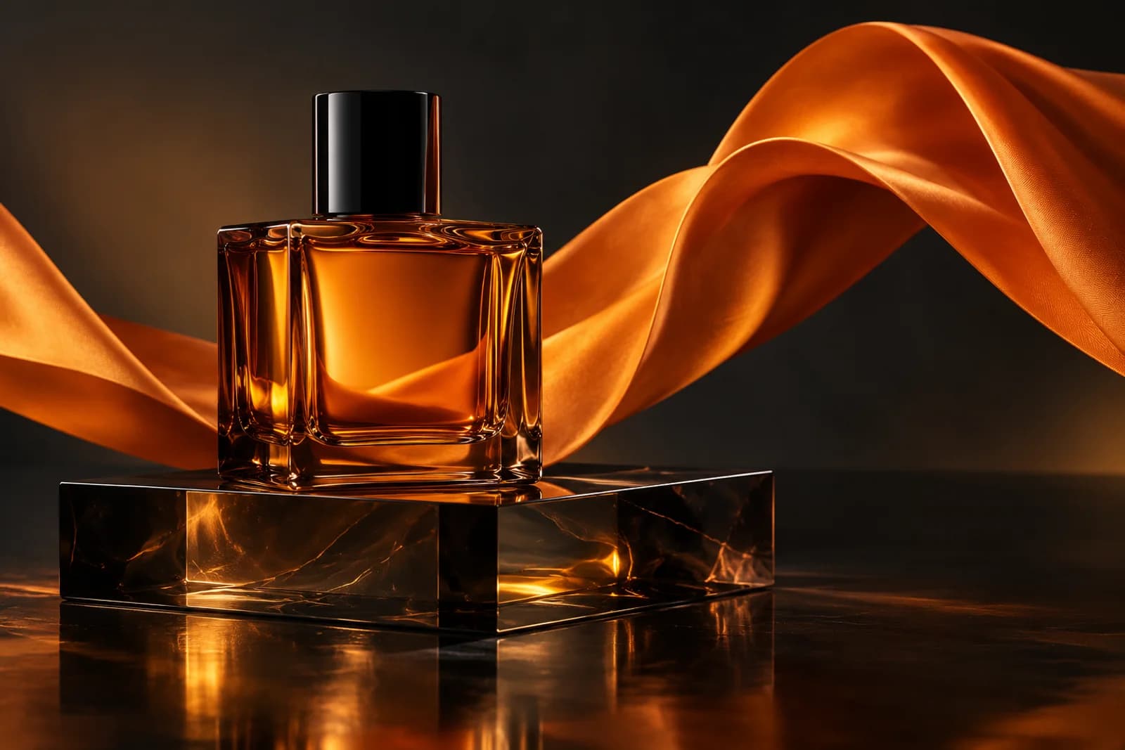 Imagen generada con IA de un frasco ámbar entre pliegues de tela naranja