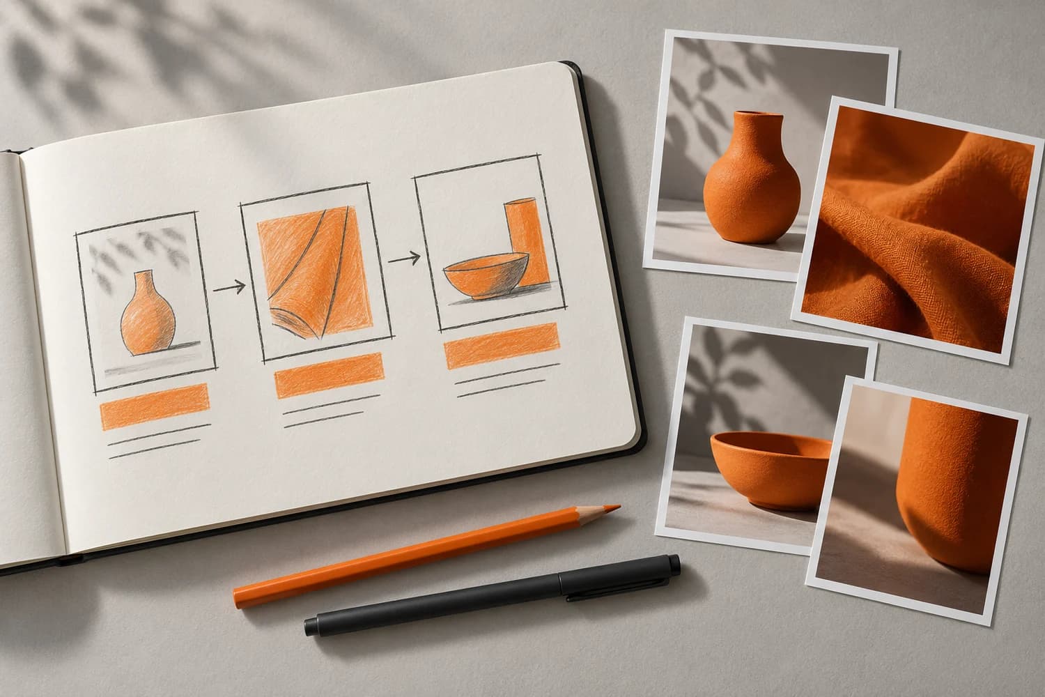Ilustración de un cuaderno de planificación y referencias visuales de contenido